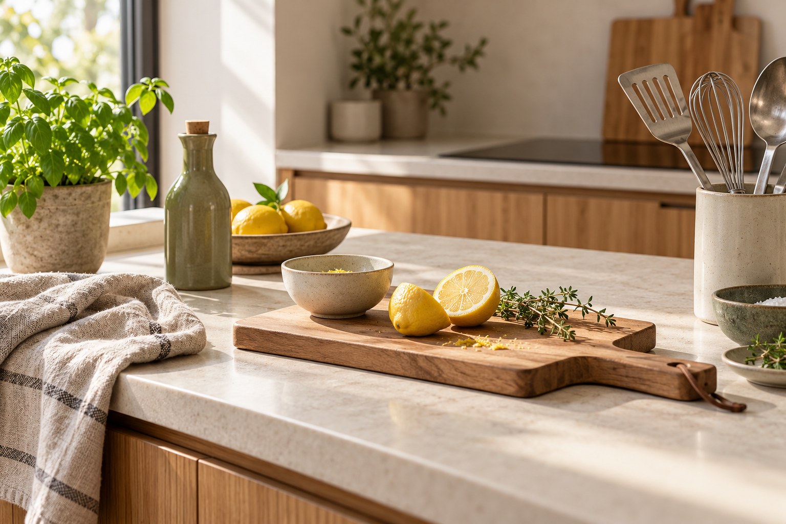 Een lichte keuken met een houten snijplank, verse citroenen en keukengerei